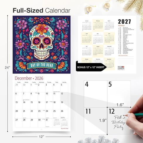 RED EMBER Day of the Dead 2026 Wall Calendar 12 Month | 12" x 24" Open | Thick & Sturdy Paper | Holiday Gift | Día de los Muertos Sugar Skull Art Calendar 2026 in Saudi Arabia