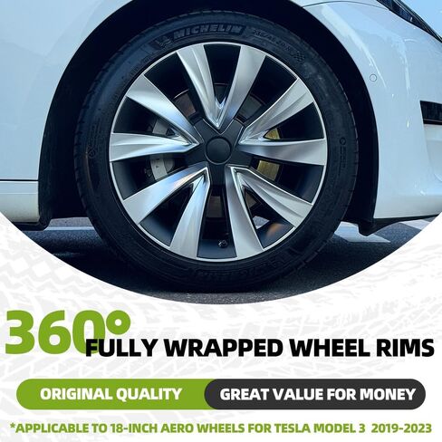 18-Inch Wheel Cover for Tesla Model 3 (2019-2023), Full Edge Hub Cover, 4 Covers Per Pack, Sturdy PC+ABS Material, Baked Enamel (Silver and Black Two - Color) in Saudi Arabia