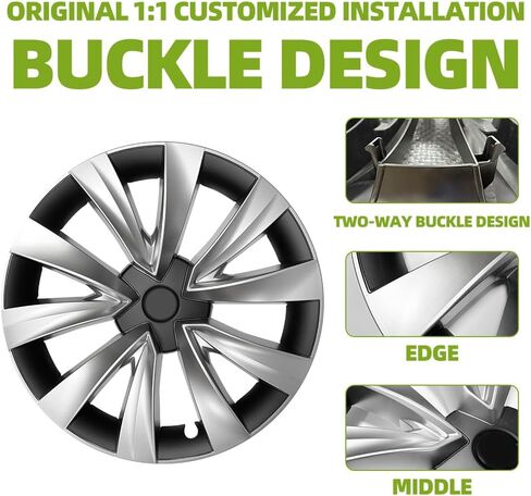 18-Inch Wheel Cover for Tesla Model 3 (2019-2023), Full Edge Hub Cover, 4 Covers Per Pack, Sturdy PC+ABS Material, Baked Enamel (Silver and Black Two - Color) in Saudi Arabia