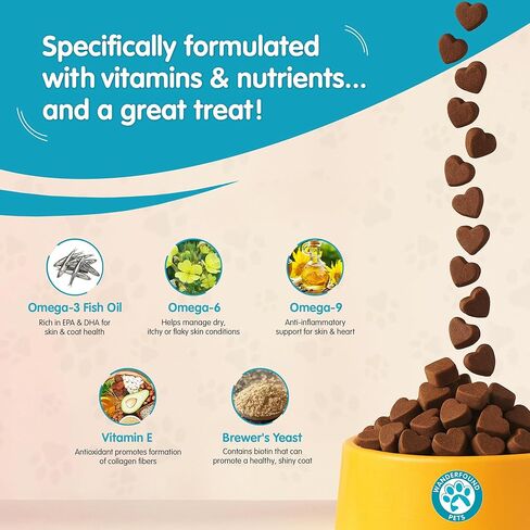 Wanderfound Pets - Omega 3 for Dogs, Skin and Coat Fish Oil for Dogs, Dog Itch Relief, Joint and Heart Health, Chewable Vitamins for Dogs Fur and Skin, Smoked Salmon and Liver Flavor, 120 Tablets in Saudi Arabia