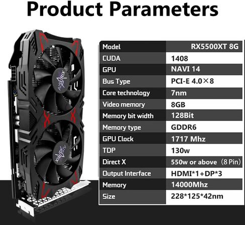 AISURIX RX 5500 XT 8gb GDDR6 Graphics Card,128 Bit, 3XDP, HDMI, PCI Express 4.0X8, 8pin with Fan Intelligent System,Gaming PC Computer Video Cards with 3X DisplayPort +1X HDMI (Style 1) in Kuwait