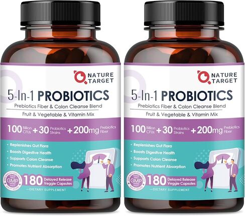NATURE TARGET Probiotics for Women-Men-Kids Digestive Health, Prebiotics and Probiotics for Women, 100 Billion for Gut and Immune Health, No Refrigeration, 180 Veggie Capsules (90 Days Supply) in Kuwait