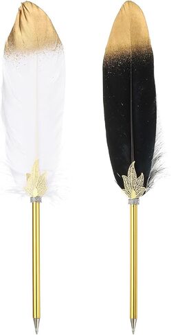 PATIKIL Feather Pen Quill, 2 Pcs Feather Ballpoint Pen Bulk Refined Vintage Feather Calligraphy Pen for Guest Signature Wedding Bridal Office Writing, Dark Purple in Saudi Arabia