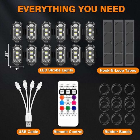 12 قطعة من مصابيح LED اللاسلكية القوية، 8 ألوان و10 أوضاع فلاش للشحن عبر USB، سطوع عالي مقاوم للماء ومضاد للتصادمات وامض ضوء تحذير للطوارئ للسيارة بدون طيار in Kuwait