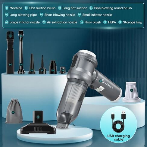 4 in 1 Handheld Car Vacuum Cleaner, 17500PA High Power Rechargeable Portable Vacuum with LED Light, Multi Nozzles for Car, Home & Office–Ideal for Family(Light Grey) in Saudi Arabia
