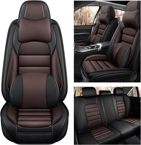 غطاء مقعد السيارة لسيارة إنفينيتي Q70L 2015-2019، غطاء مقعد جلدي فاخر، أغطية مقاعد سيارات مضادة للماء وقابلة للتنفس غير قابلة للانزلاق تناسب معظم السيارات، سيدان (بني وأسود كلاسيكي، مجموعة كاملة مع وسادة) in Kuwait
