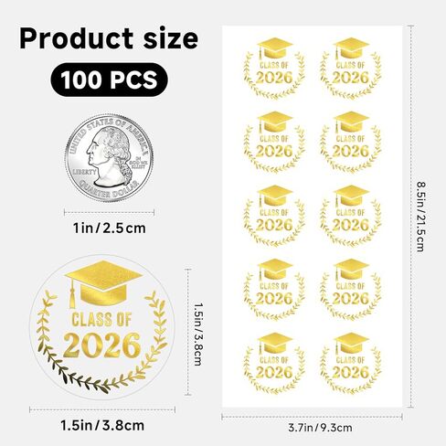 100 Pack Class of 2026 Graduation Stickers – Gold Foil Embossed Labels for Graduates – Metallic Foil Seals for Invitations, Envelopes & Party Favors (Class of 2026 Gold) in Kuwait