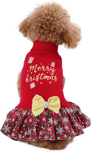CuteBone Halloween Dog Sweater Dress Spooky Embroidery Turtleneck Puppy Sweater with Bowtie Leash Hole Pullover Winter Dress for Small Dogs in Kuwait