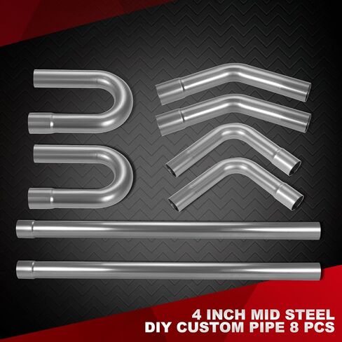 8 قطع 4 بوصات مجموعات أنابيب العادم تناسب عالمي DIY أنابيب عادم من الفولاذ الطري مخصصة 46 بوصة مجموعة أنابيب مستقيمة ومجموعة U-Bend 45/90/180 درجة (4 بوصات) in Kuwait