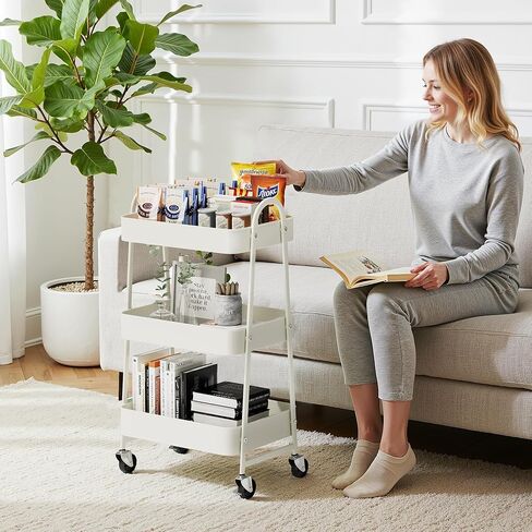 Simple Deluxe 3 Tier Small Rolling Cart, Metal Utility Storage Organizer for Kitchen, 16.9"(L) x 12.2"(W) x 30.9"(H), Movable Bathroom Organizers and Storage Trolley with Wheels, White in Saudi Arabia
