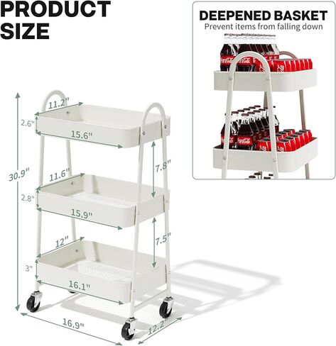 Simple Deluxe 3 Tier Small Rolling Cart, Metal Utility Storage Organizer for Kitchen, 16.9"(L) x 12.2"(W) x 30.9"(H), Movable Bathroom Organizers and Storage Trolley with Wheels, White in Saudi Arabia