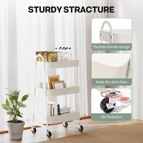 Simple Deluxe 3 Tier Small Rolling Cart, Metal Utility Storage Organizer for Kitchen, 16.9"(L) x 12.2"(W) x 30.9"(H), Movable Bathroom Organizers and Storage Trolley with Wheels, White in Saudi Arabia