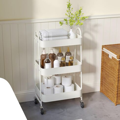 Simple Deluxe 3 Tier Small Rolling Cart, Metal Utility Storage Organizer for Kitchen, 16.9"(L) x 12.2"(W) x 30.9"(H), Movable Bathroom Organizers and Storage Trolley with Wheels, White in Saudi Arabia