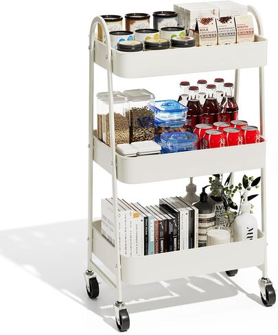 Simple Deluxe 3 Tier Small Rolling Cart, Metal Utility Storage Organizer for Kitchen, 16.9"(L) x 12.2"(W) x 30.9"(H), Movable Bathroom Organizers and Storage Trolley with Wheels, White in Saudi Arabia