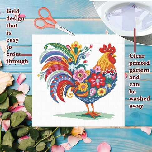FREEBLOSS 11CT Stamped Cross Stitch Kit for Adults Beginners with Instructions Chicken and Flower Pattern Cross Stitch Kit Embroidery Wall Art Decoration No Frame 17x17in/45x45cm in Saudi Arabia