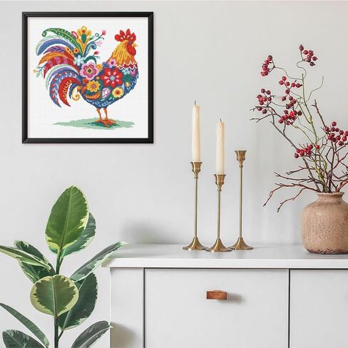 FREEBLOSS 11CT Stamped Cross Stitch Kit for Adults Beginners with Instructions Chicken and Flower Pattern Cross Stitch Kit Embroidery Wall Art Decoration No Frame 17x17in/45x45cm in Saudi Arabia