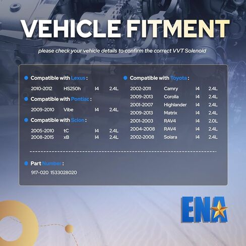 ENA Engine Variable Valve Timing Solenoid VVT Compatible with Toyota Camry Corolla Highlander Scion tC xB Pontiac Vibe Lexus HS250h 2001-2015 Camshaft Position Actuator Solenoid for 917-020 Set of 1 in Saudi Arabia