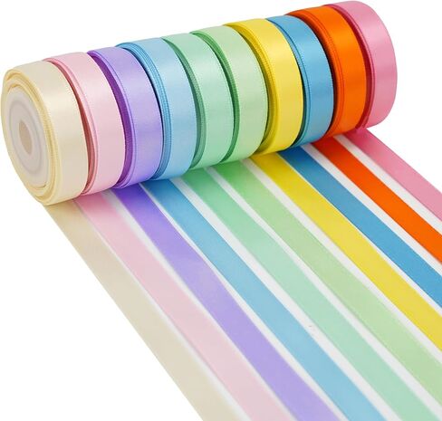 10 Roll Rainbow Ribbon Solid Color Assortment 10 Colors 25 Yard Double Face Satin Ribbon for Gift Wrapping Flower Bouquets Happy Birthday Party Decorations, 3/8" X 25 Yard Each in Saudi Arabia