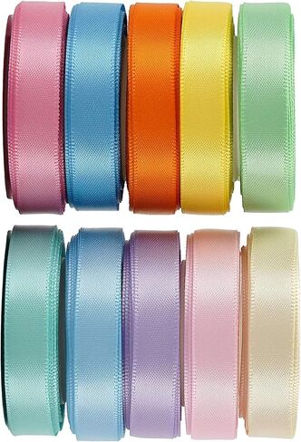 10 Roll Rainbow Ribbon Solid Color Assortment 10 Colors 25 Yard Double Face Satin Ribbon for Gift Wrapping Flower Bouquets Happy Birthday Party Decorations, 3/8" X 25 Yard Each in Saudi Arabia