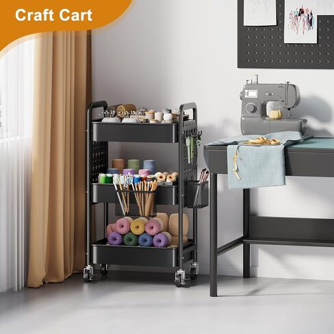 3 Tier Rolling Cart Metal with DIY Pegboard, White Utility Cart with Lockable Wheels, Three Tiered Craft Cart Organizer on Wheel, Utility Roller Storage Carts for Art, Baby Diaper Caddy, Snack, Book in Saudi Arabia