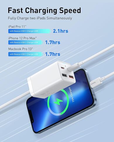 شاحن Baseus USB C بقدرة 100 وات، شاحن حائط قابل للطي بأربعة منافذ GaN6 ومحول طاقة مدمج وسريع الشحن لأجهزة MacBook وGoogle Pixelbook وThinkPad وDell XPS وiPad وSamsung S23 وiPhone 15/Pro وSteam Deck in Kuwait