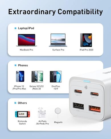 شاحن Baseus USB C بقدرة 100 وات، شاحن حائط قابل للطي بأربعة منافذ GaN6 ومحول طاقة مدمج وسريع الشحن لأجهزة MacBook وGoogle Pixelbook وThinkPad وDell XPS وiPad وSamsung S23 وiPhone 15/Pro وSteam Deck in Kuwait