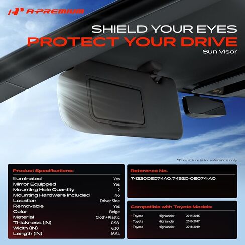 A-Premium Driver Left Side Sun Visor Compatible with Toyota Highlander 2014-2019 - with Vanity Light, with Vanity Mirror, Beige Color - Replaces 743200E074A0, 74320-0E074-A0 in Saudi Arabia