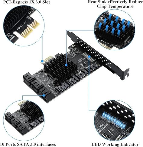 PCIe SATA Card 6 Port, PCIe to SATA Controller Expansion Card, 6Gbps SATA 3.0 PCIe Card with 6 SATA Cables, ASM1166 1X 6-Port Chip, Integrated Adapter Converter for Desktop PC in Saudi Arabia