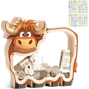 Wooden Highland Cow Piggy Bank for Kids, Unbreakable Cattle Coin Bank for Kids with Sticker, Wooden Cashbox Money Jar Personalizable Christmas Birthday Gifts, Educational Toy for Boys, Girls in Kuwait