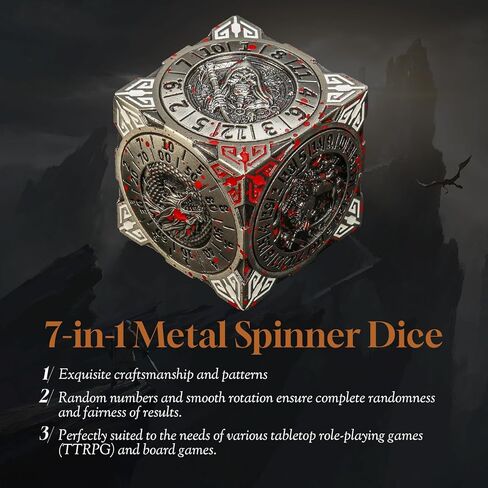 DND Spinner Dice، معدن فريد 7 في 1 D&D Cube Fidget Dice مع راحة ثلاثية الأبعاد للأبراج المحصنة والتنينات، لعبة لعب الأدوار الخيالية RPG ملحقات الطاولة هدية لـ DM واللاعب (أسود-أحمر) in Kuwait