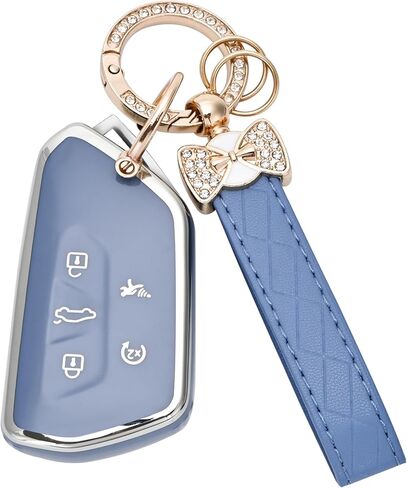 Key Fob Cover for Volkswagen with Keychain, Soft TPU Protection Car Key Case for VW Tiguan Atlas Taos SEL Jetta GLI Passat Arteon Golf Alltrack Remote Start Smart Key (Blue) in Saudi Arabia