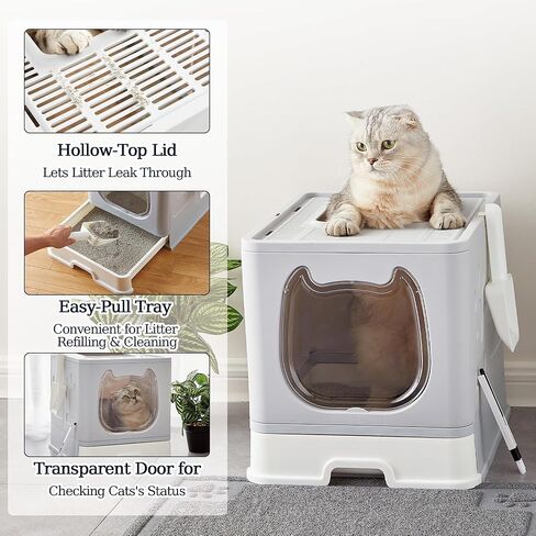 Vealind Covered Cat Litter Box with Sifting Lid, Kitty Litter Box Enclosure, Top Entry Enclosed Litter Box with Litter Scooper and Brush, Black & White Easy Clean Hooded Travel Litter Box for Cats in Kuwait