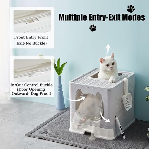 Vealind Covered Cat Litter Box with Sifting Lid, Kitty Litter Box Enclosure, Top Entry Enclosed Litter Box with Litter Scooper and Brush, Black & White Easy Clean Hooded Travel Litter Box for Cats in Kuwait