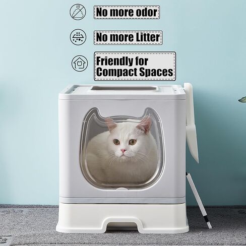 Vealind Covered Cat Litter Box with Sifting Lid, Kitty Litter Box Enclosure, Top Entry Enclosed Litter Box with Litter Scooper and Brush, Black & White Easy Clean Hooded Travel Litter Box for Cats in Kuwait