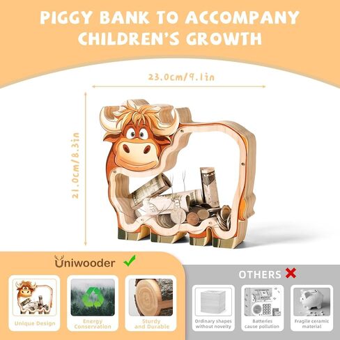 بنك خشبي على شكل بقرة هايلاند للأطفال، بنك عملات ماشية غير قابل للكسر للأطفال مع ملصق، جرة نقود خشبية، هدايا عيد ميلاد قابلة للتخصيص، لعبة تعليمية للأولاد والبنات in Kuwait