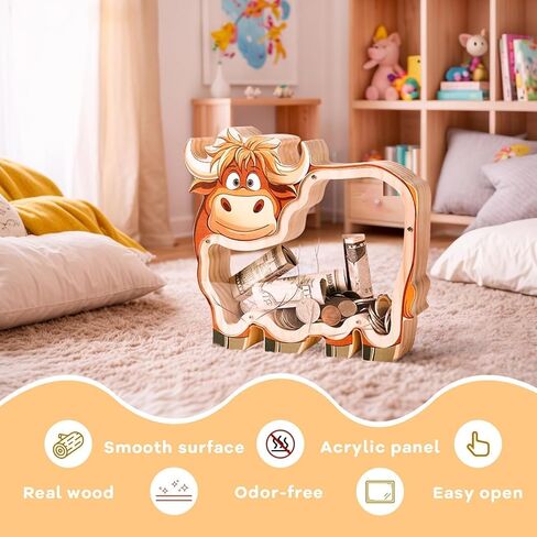 بنك خشبي على شكل بقرة هايلاند للأطفال، بنك عملات ماشية غير قابل للكسر للأطفال مع ملصق، جرة نقود خشبية، هدايا عيد ميلاد قابلة للتخصيص، لعبة تعليمية للأولاد والبنات in Kuwait