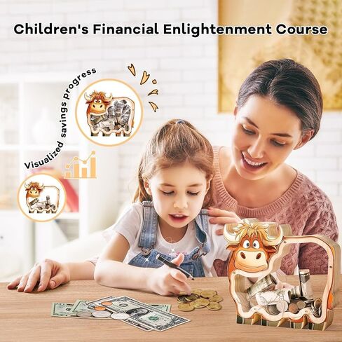 بنك خشبي على شكل بقرة هايلاند للأطفال، بنك عملات ماشية غير قابل للكسر للأطفال مع ملصق، جرة نقود خشبية، هدايا عيد ميلاد قابلة للتخصيص، لعبة تعليمية للأولاد والبنات in Kuwait