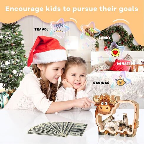 بنك خشبي على شكل بقرة هايلاند للأطفال، بنك عملات ماشية غير قابل للكسر للأطفال مع ملصق، جرة نقود خشبية، هدايا عيد ميلاد قابلة للتخصيص، لعبة تعليمية للأولاد والبنات in Kuwait