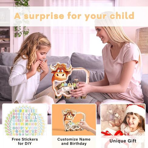 بنك خشبي على شكل بقرة هايلاند للأطفال، بنك عملات ماشية غير قابل للكسر للأطفال مع ملصق، جرة نقود خشبية، هدايا عيد ميلاد قابلة للتخصيص، لعبة تعليمية للأولاد والبنات in Kuwait