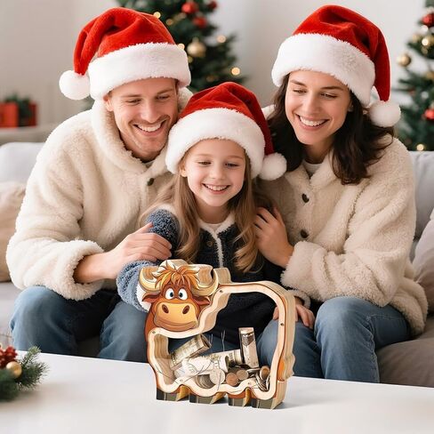 بنك خشبي على شكل بقرة هايلاند للأطفال، بنك عملات ماشية غير قابل للكسر للأطفال مع ملصق، جرة نقود خشبية، هدايا عيد ميلاد قابلة للتخصيص، لعبة تعليمية للأولاد والبنات in Kuwait