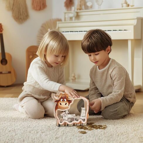 بنك خشبي على شكل بقرة هايلاند للأطفال، بنك عملات ماشية غير قابل للكسر للأطفال مع ملصق، جرة نقود خشبية، هدايا عيد ميلاد قابلة للتخصيص، لعبة تعليمية للأولاد والبنات in Kuwait