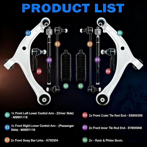 Front Suspension Kit Lower Control Arm with Ball Joints Inner Outer Tie Rods Sway Bar Links Compatible With 2005-2010 Honda Odyssey in Saudi Arabia