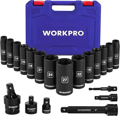 مجموعة مقابس WORKPRO مكونة من 20 قطعة 1/2＂، 6 نقاط، فولاذ Cr-V، 10-27 مم، مفصل عالمي، محول وشريط تمديد، متري in Kuwait