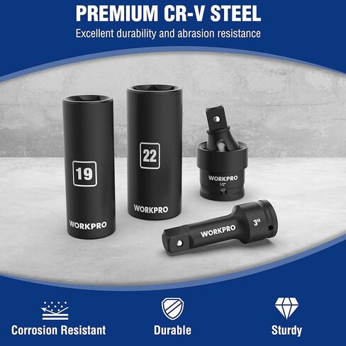 مجموعة مقابس WORKPRO مكونة من 20 قطعة 1/2＂، 6 نقاط، فولاذ Cr-V، 10-27 مم، مفصل عالمي، محول وشريط تمديد، متري in Kuwait