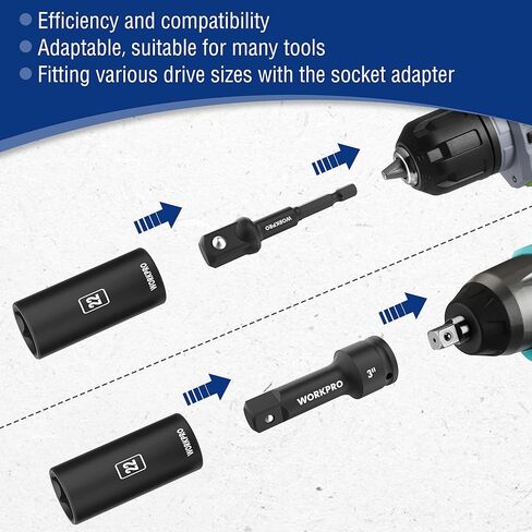 مجموعة مقابس WORKPRO مكونة من 20 قطعة 1/2＂، 6 نقاط، فولاذ Cr-V، 10-27 مم، مفصل عالمي، محول وشريط تمديد، متري in Kuwait