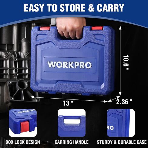 مجموعة مقابس WORKPRO مكونة من 20 قطعة 1/2＂، 6 نقاط، فولاذ Cr-V، 10-27 مم، مفصل عالمي، محول وشريط تمديد، متري in Kuwait
