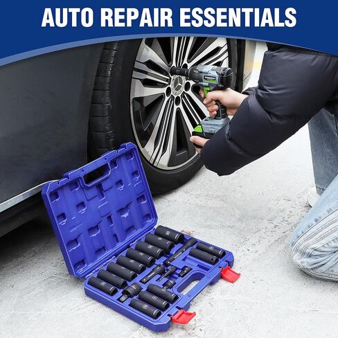 مجموعة مقابس WORKPRO مكونة من 20 قطعة 1/2＂، 6 نقاط، فولاذ Cr-V، 10-27 مم، مفصل عالمي، محول وشريط تمديد، متري in Kuwait
