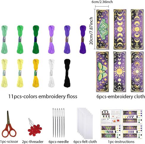 FREEBLOSS 6 Set Cross Stitch Bookmark Kits for Beginner Butterfly Moon Phases Stamped Cross Stitch Kit DIY Embroidery Bookmark Kit with Instructions 8" x 2.4" in Saudi Arabia