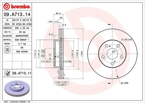 Brembo 09.A713.11 UV Coated vented Front Brake Rotor TOYOTA/TOYOTA (FAW) OE# 4351247030 in Saudi Arabia