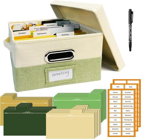 صندوق تنظيم بطاقات التهنئة مع 20 فواصل قابلة للإزالة و84 ملصقًا، مساحة تخزين قابلة للطي للصور والبطاقات البريدية (بيج وأخضر) in Kuwait